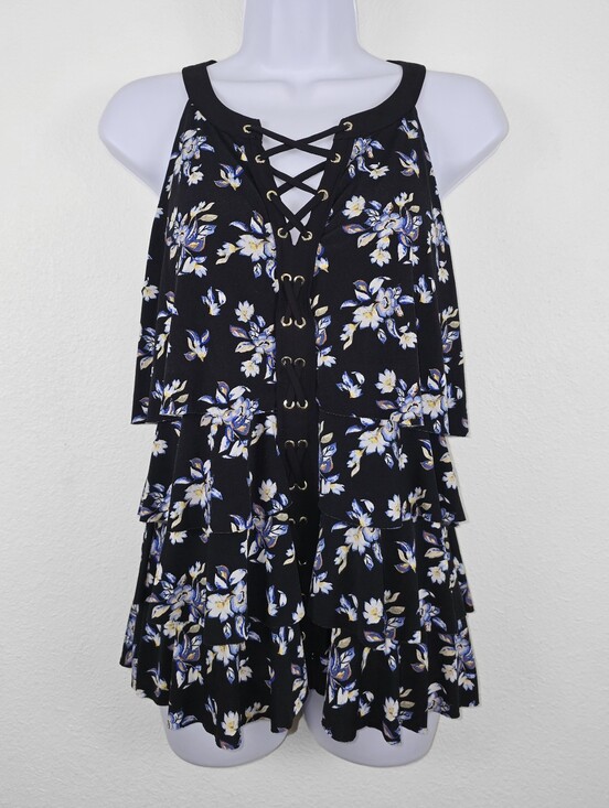 White House Black Market Tops - WHBM | Black + Multicolor Floral Tiered Ruffle Lace Front Tank Top Size Small